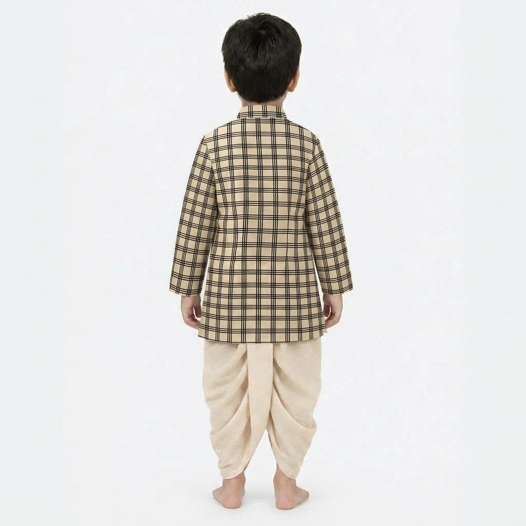 Anay x Tyohaar | Kurta & Dhoti Pant Set in Cream Windowpane Check Block Print Cotton & Linen