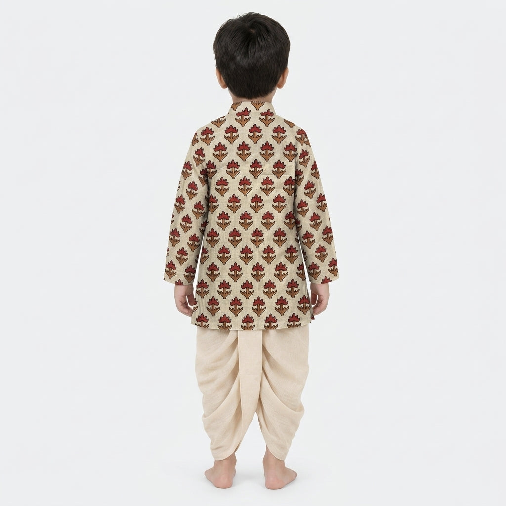 Ruhil x Tyohaar | Kurta & Dhoti Pant Set in Tulip Bloom Cream Block Print Cotton & Linen