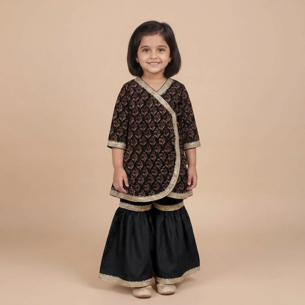 Lilya x Tyohaar | Angrakha-Sharara Set in Midnight Lily Block Print Cotton