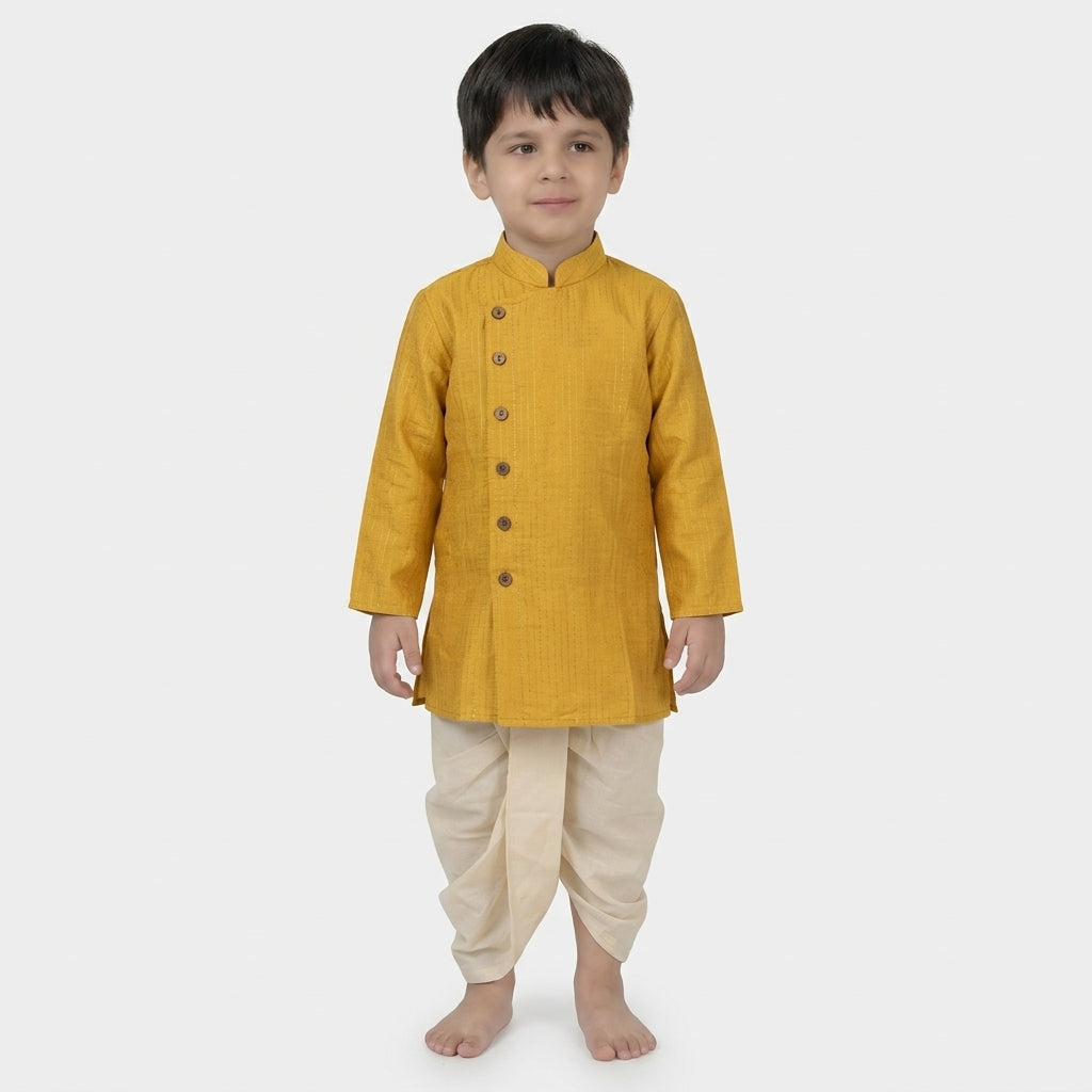 Kairav x Tyohaar | Kurta & Dhoti Pant Set in Yellow Silver Stripe Cotton & Linen