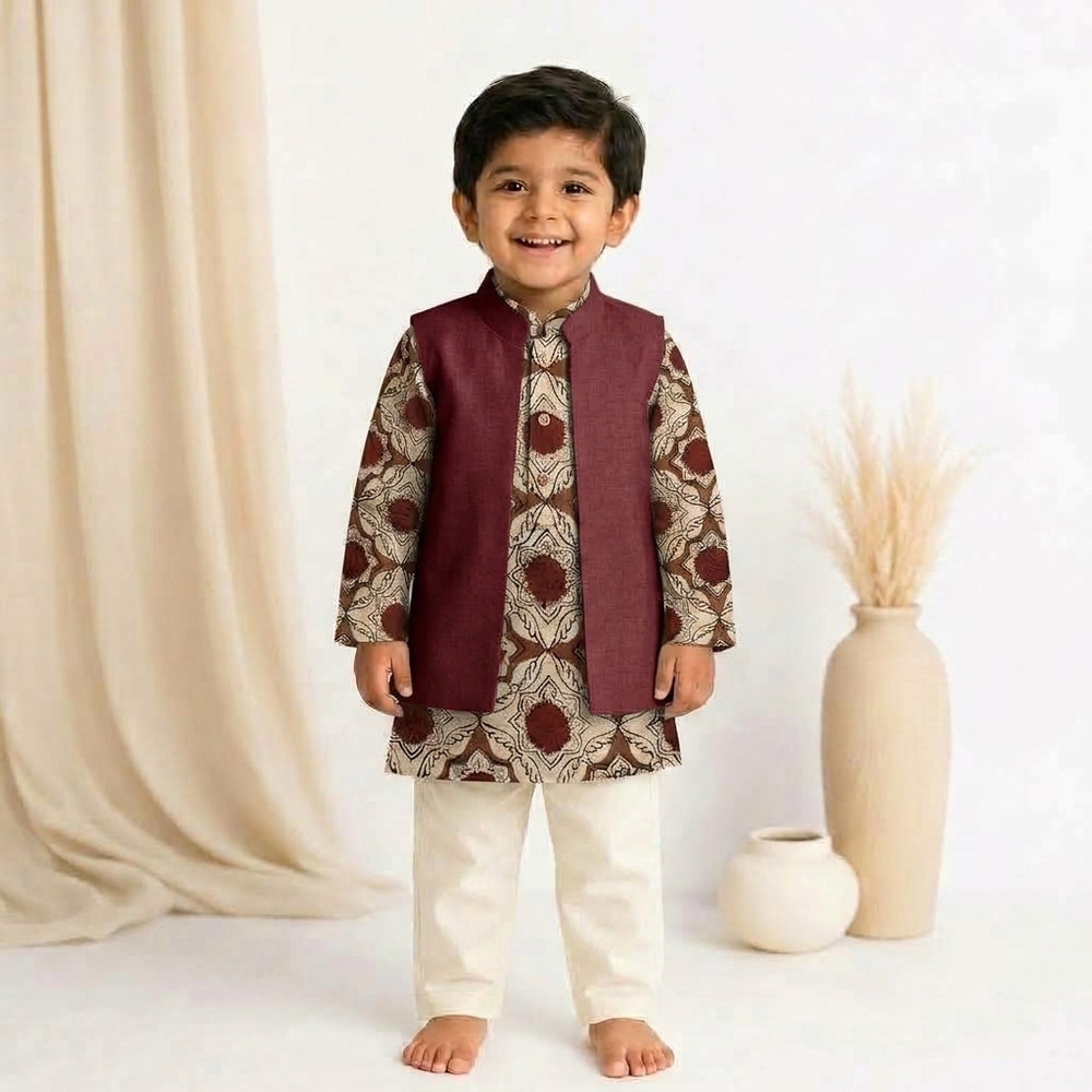 Chikoo x Tyohaar | Kurta Pant & Jacket Set in Red Dahlia Block Print Cotton & Linen