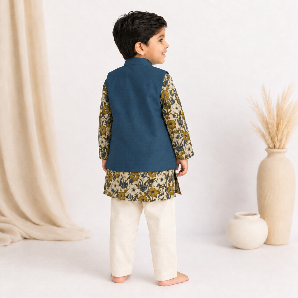 Oran x Tyohaar | Kurta Pant & Jacket Set in Cream Meadow Block Print Cotton & Linen