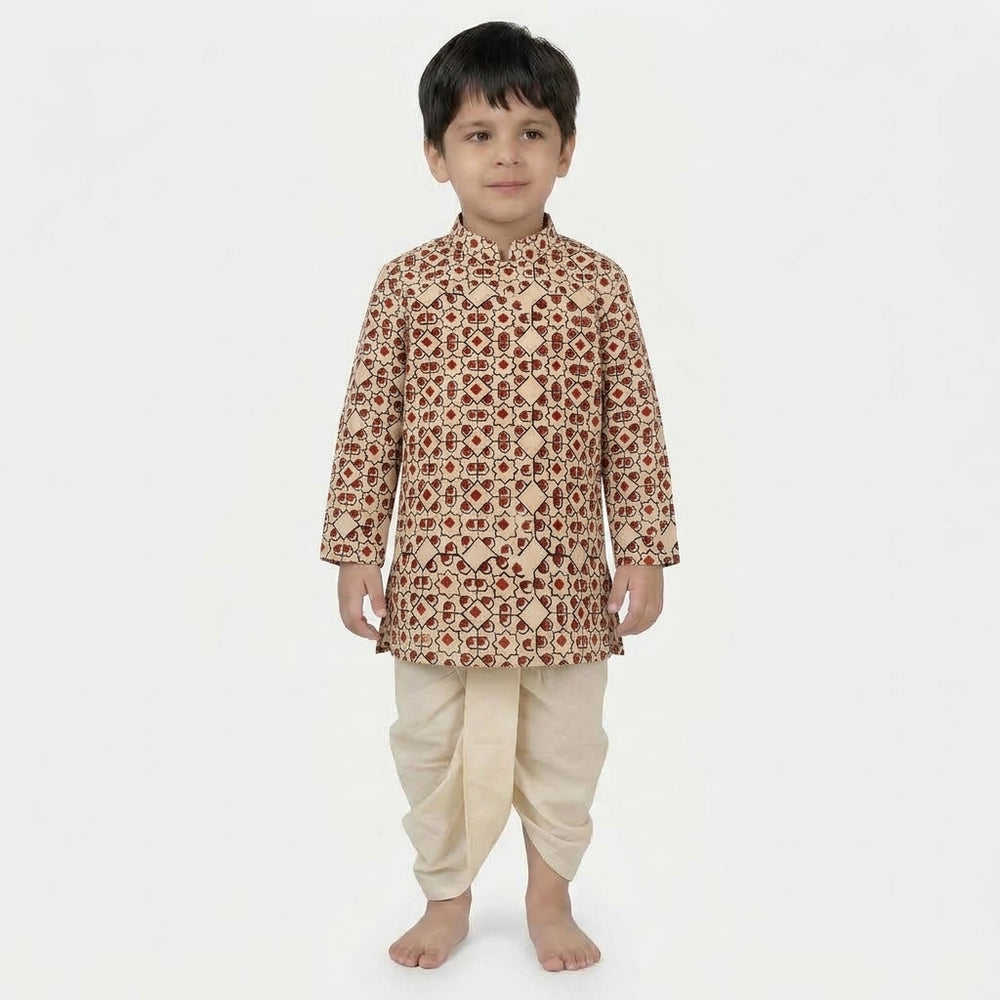 Vyan x Tyohaar | Kurta & Dhoti Pant Set in Cream & Red Geometric Block Print Cotton & Linen