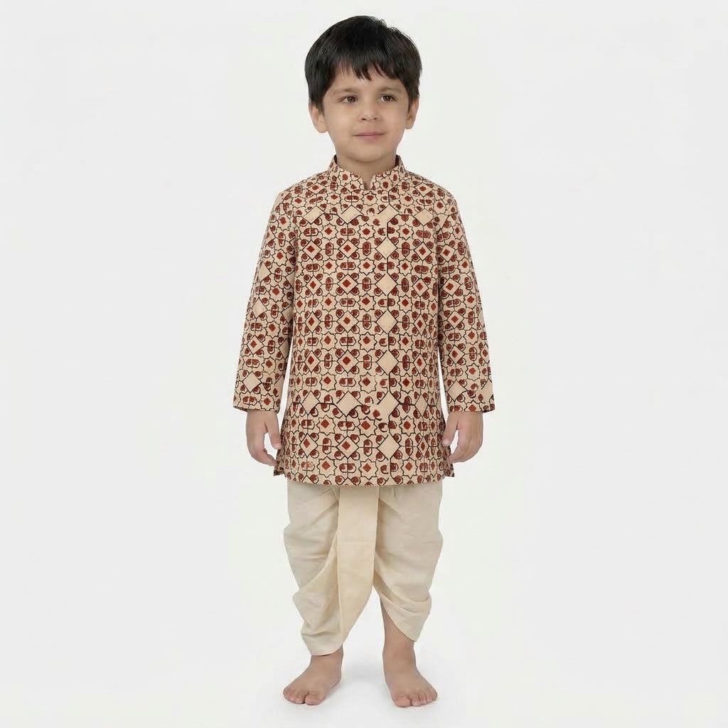 Vyan x Tyohaar | Kurta & Dhoti Pant Set in Cream & Red Geometric Block Print Cotton & Linen