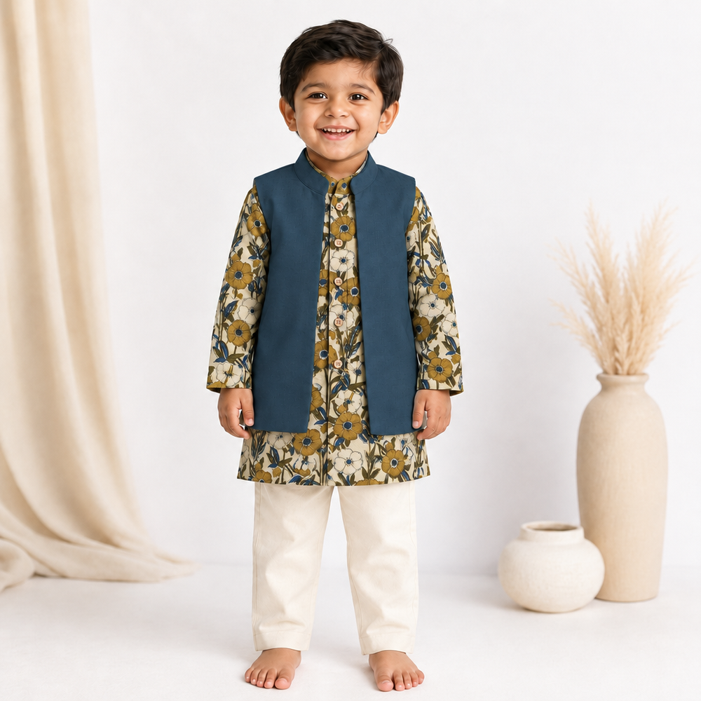 Oran x Tyohaar | Kurta Pant & Jacket Set in Cream Meadow Block Print Cotton & Linen