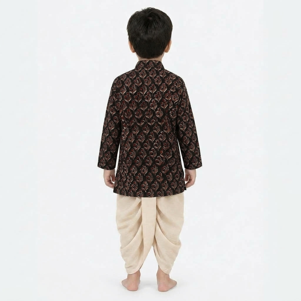 Rudra x Tyohaar | Kurta & Dhoti Pant Set in Midnight Lily Block Print Cotton & Linen
