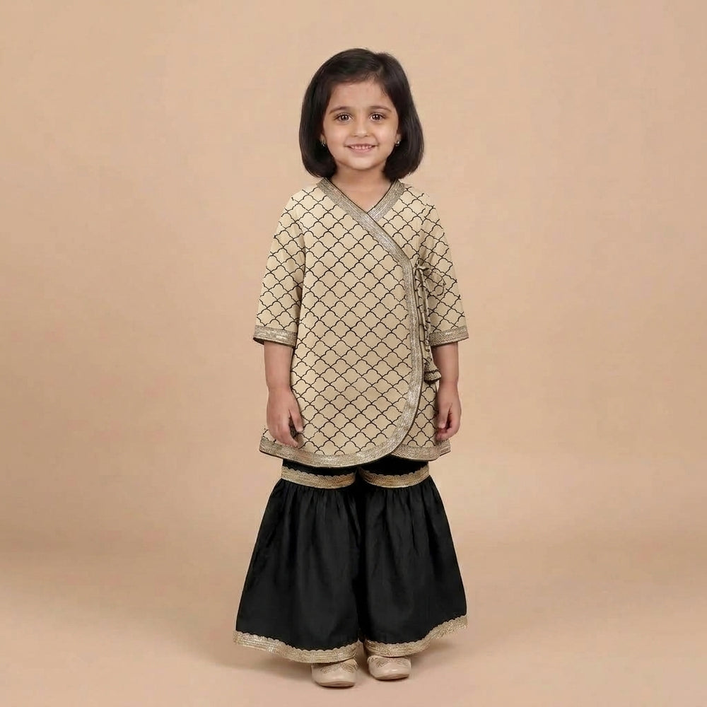 Mimi x Tyohaar | Angrakha-Sharara Set in Cream Fishscale Block Print Cotton