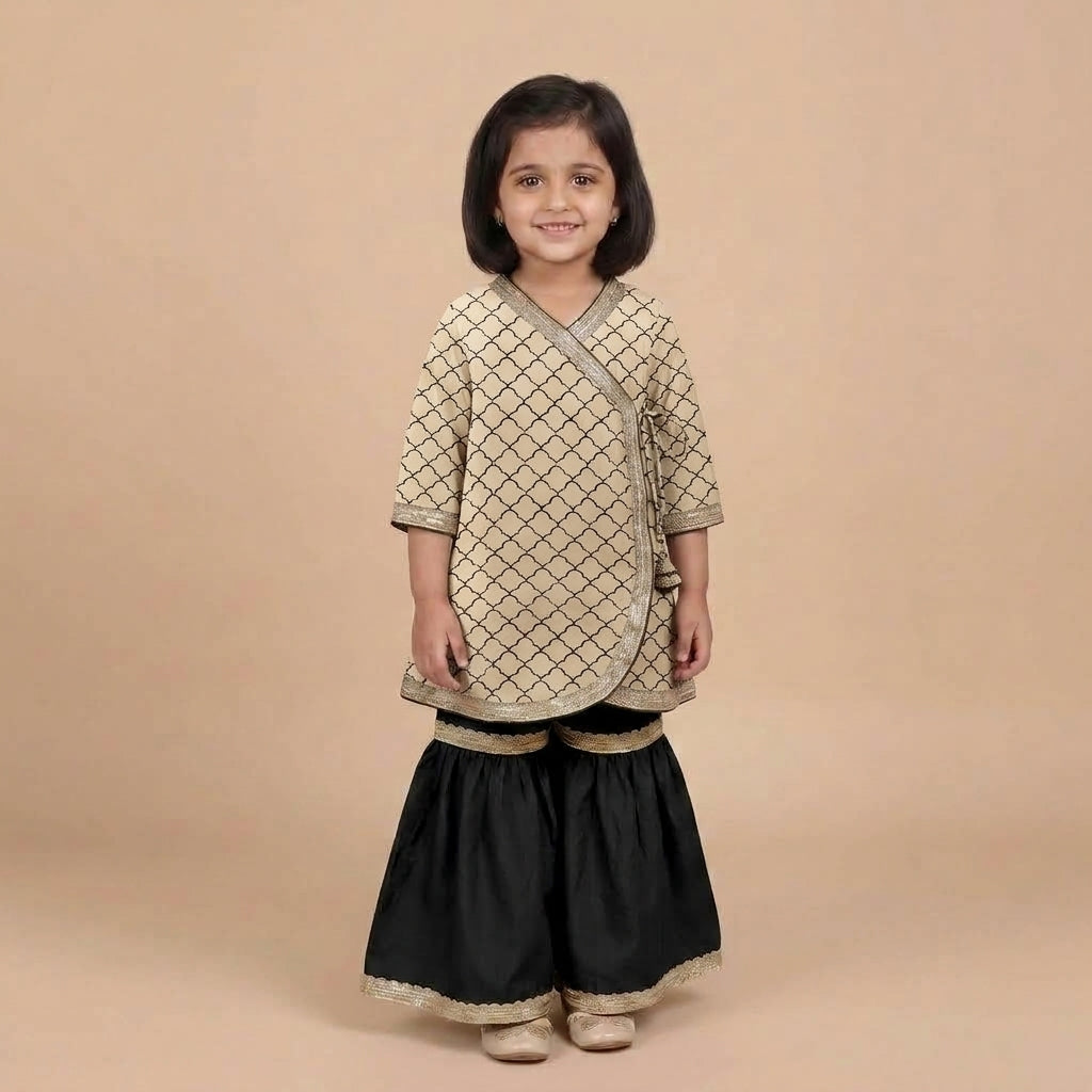 Mimi x Tyohaar | Angrakha-Sharara Set in Cream Fishscale Block Print Cotton