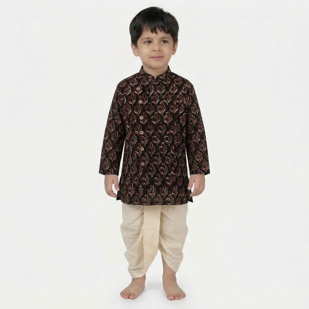 Rudra x Tyohaar | Kurta & Dhoti Pant Set in Midnight Lily Block Print Cotton & Linen