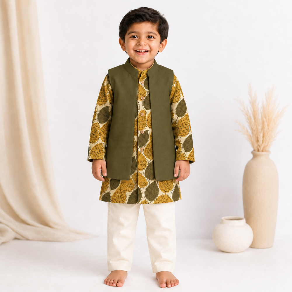 Mowgli x Tyohaar | Kurta Pant & Jacket Set in Olive Foliage Block Print Cotton & Linen