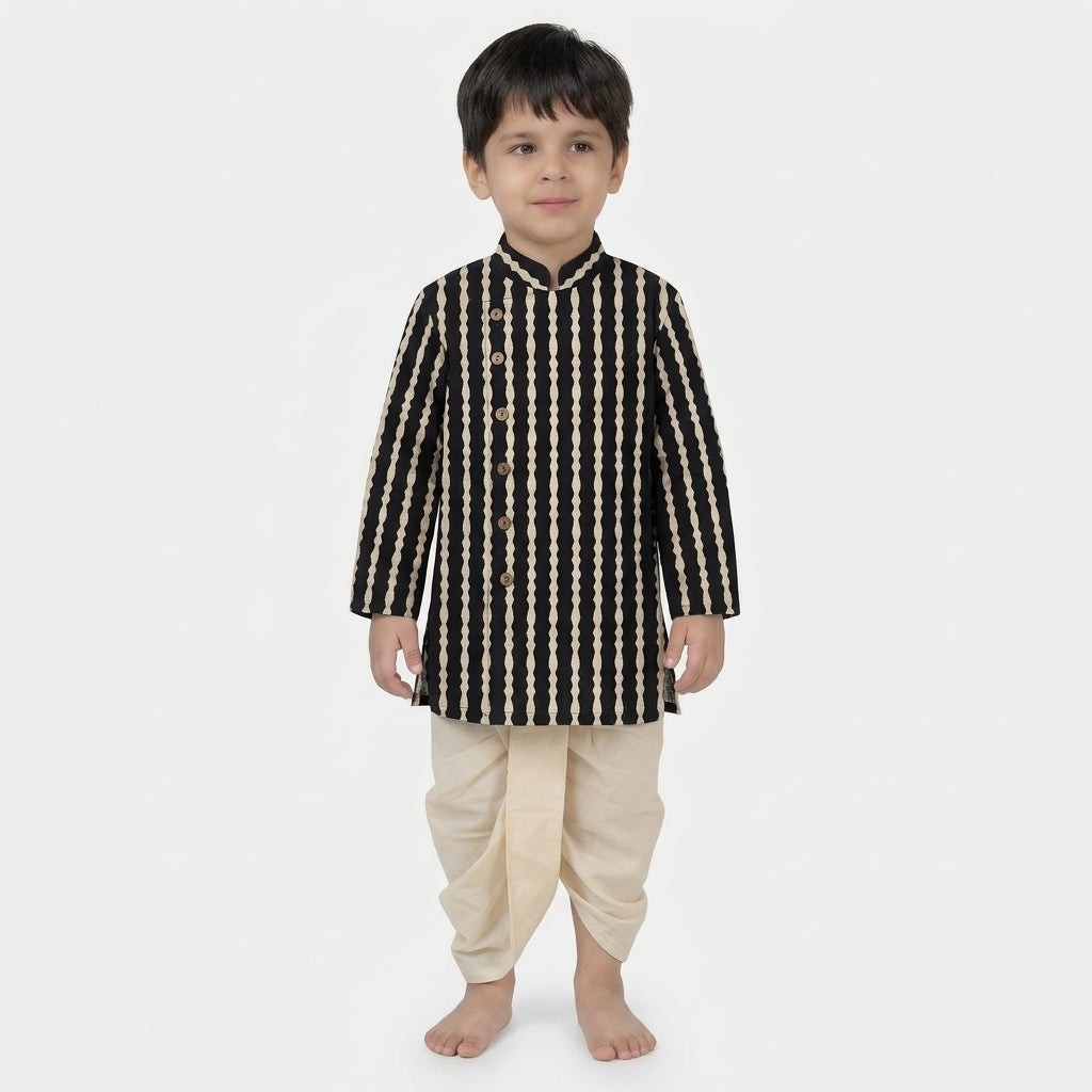 Arlo x Tyohaar | Kurta & Dhoti Pant Set in Earthy Black Stripes Block Print Cotton & Linen
