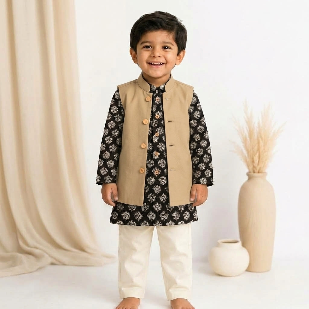 Ayan x Tyohaar | Kurta Pant & Jacket Set in Black Floral Block Print Cotton & Linen