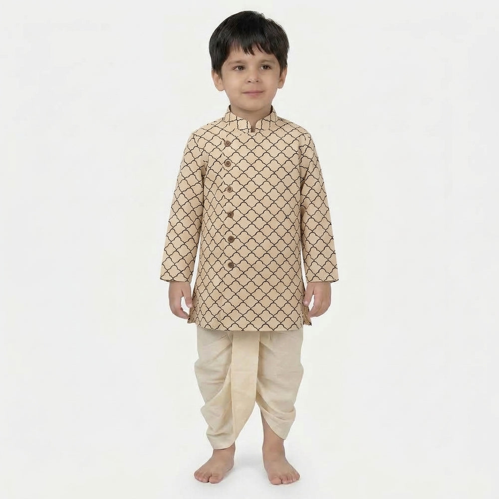 Riaan x Tyohaar | Kurta & Dhoti Pant Set in Cream Fishscale Block Print Cotton & Linen