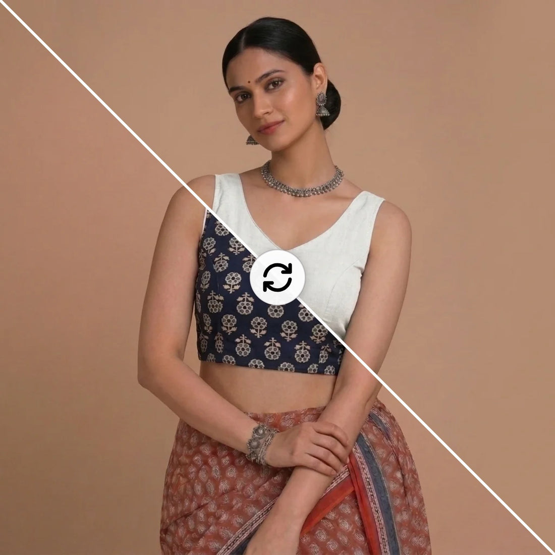 Ardha | Duet Reversible Blockprinted Indigo Flower & White Blockprinted Cotton CinchFit™ Saree Blouse — split view