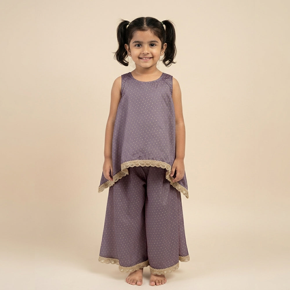 Kitty x Tyohaar | Lilac Foil Chandheri Tent Style Kurta & Flared Pant Set
