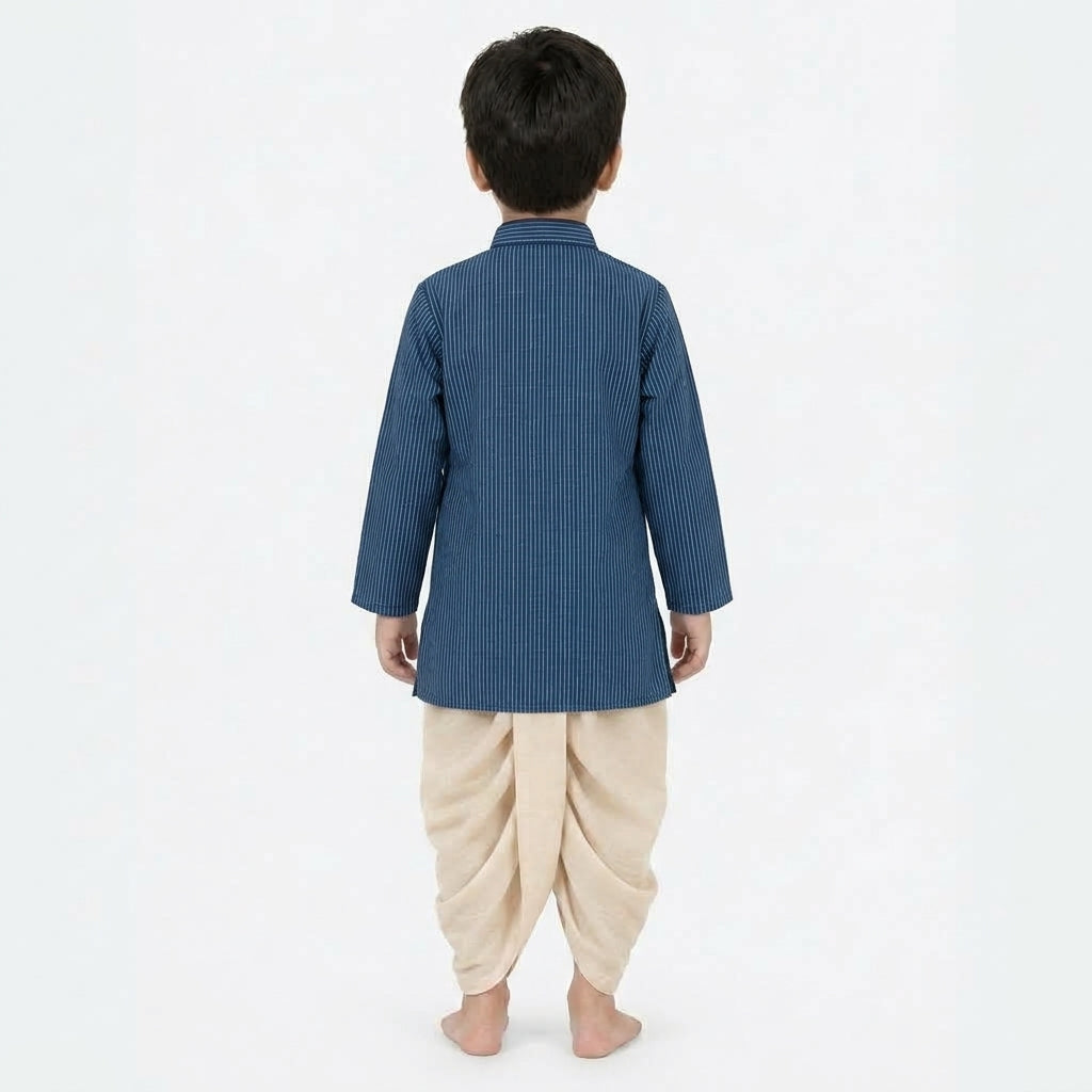 Kairav x Tyohaar | Kurta & Dhoti Pant Set in Indigo Silver Stripe Cotton & Linen