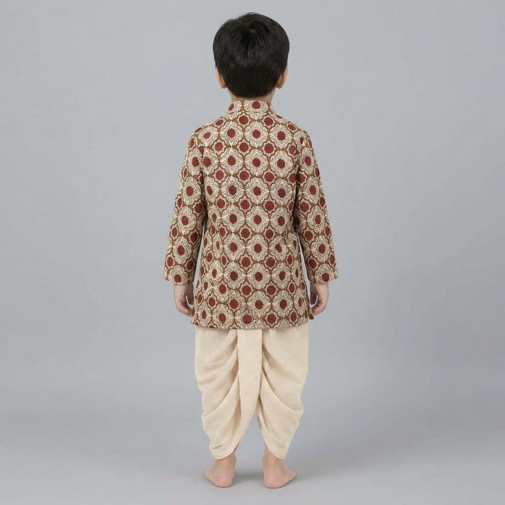 Samir x Tyohaar | Kurta & Dhoti Pant Set in Red Dahlia Block Print Cotton & Linen