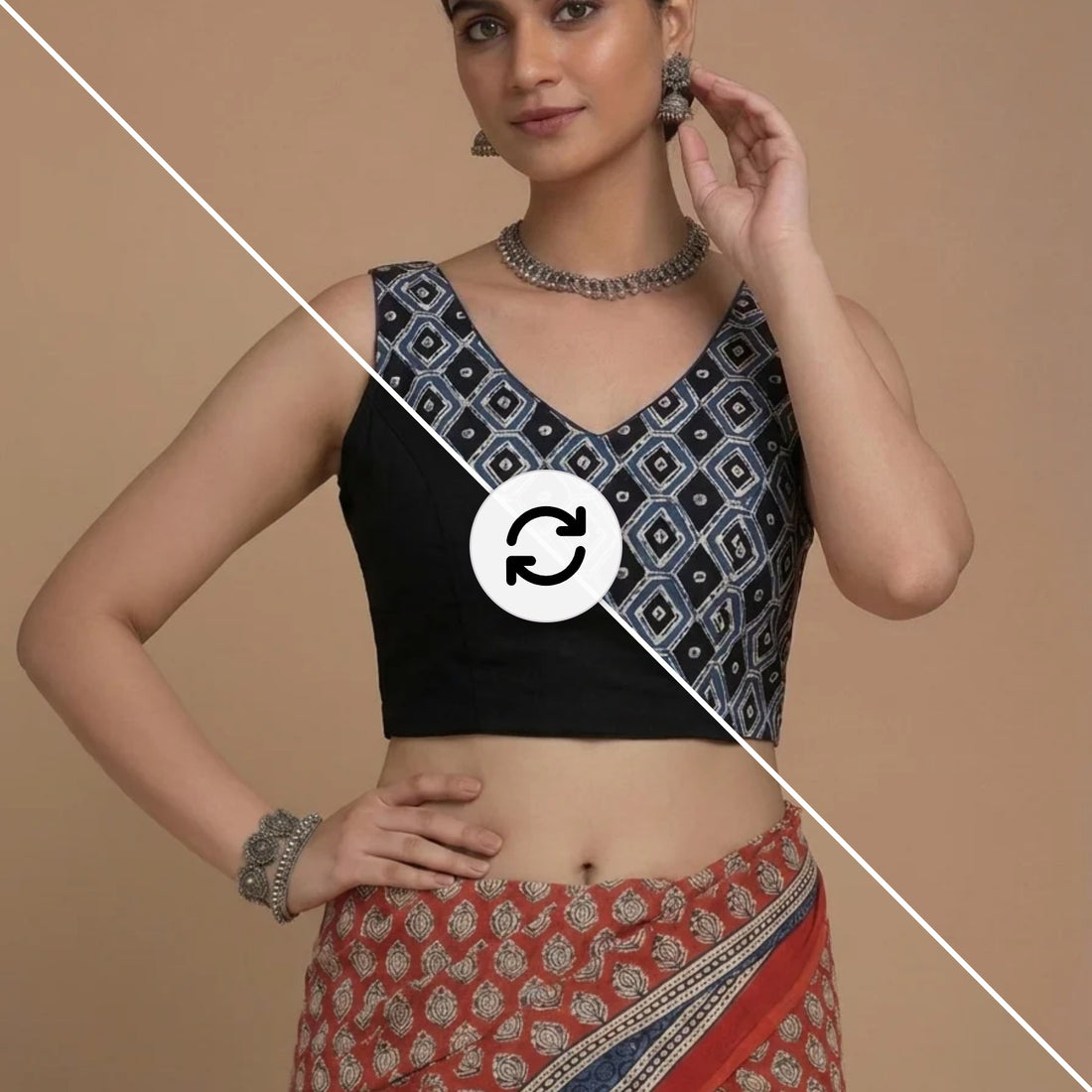 Ardha | Duet Reversible Blockprinted Indigo Geometric Motif & Black Blockprinted Cotton CinchFit™ Saree Blouse — split view