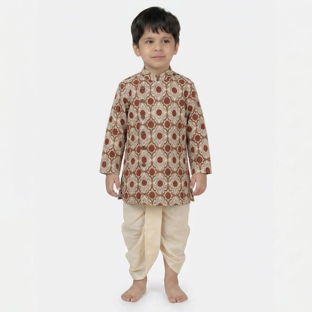 Samir x Tyohaar | Kurta & Dhoti Pant Set in Red Dahlia Block Print Cotton & Linen