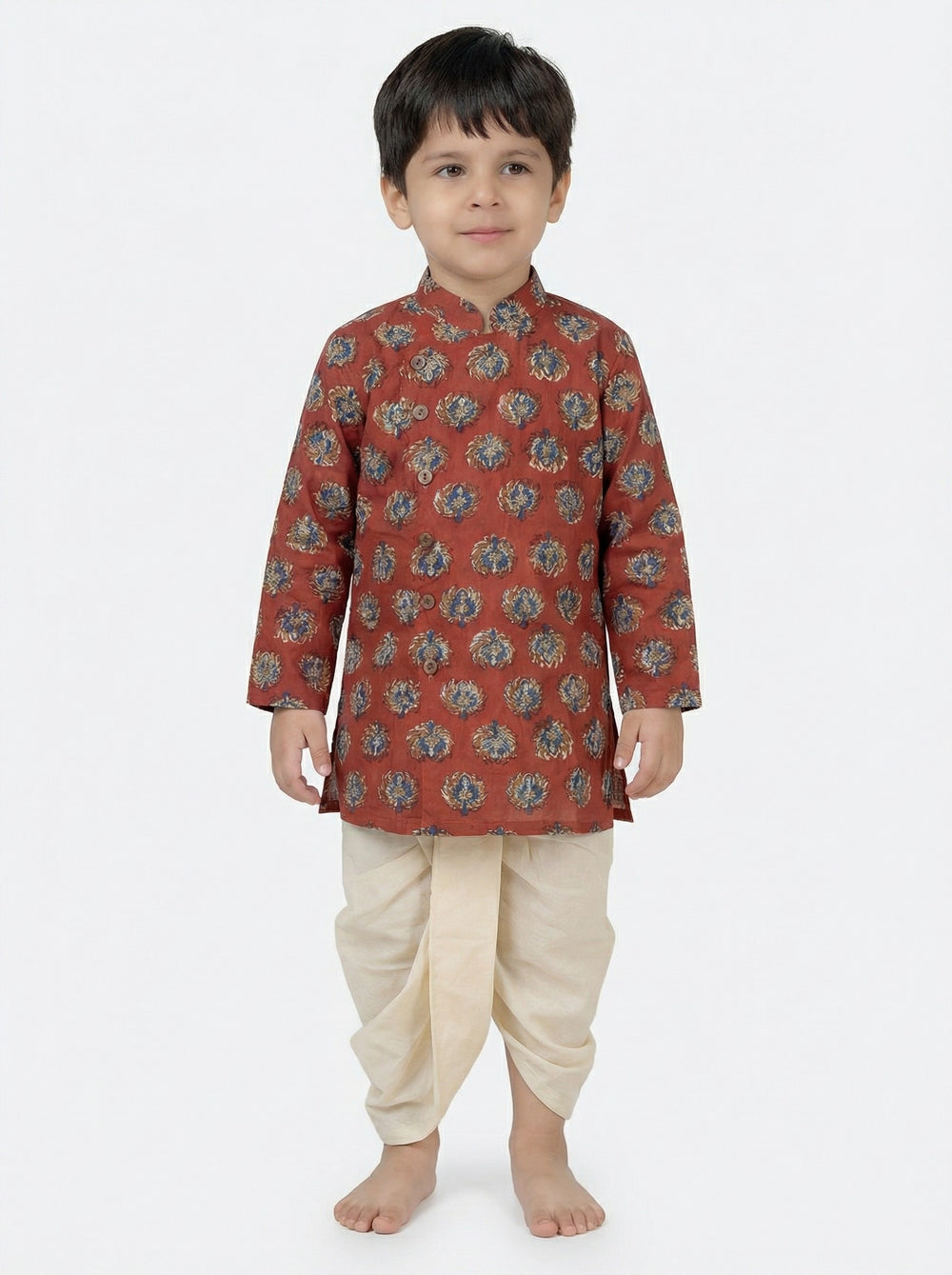 Aarush x Tyohaar | Kurta & Dhoti Pant Set in Crimson Field Block Print Cotton & Linen
