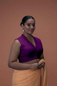  Avni x Rozaana | Purple Sleeveless FlexiFit™ Saree Blouse with Elegant Shawl Collar_2
