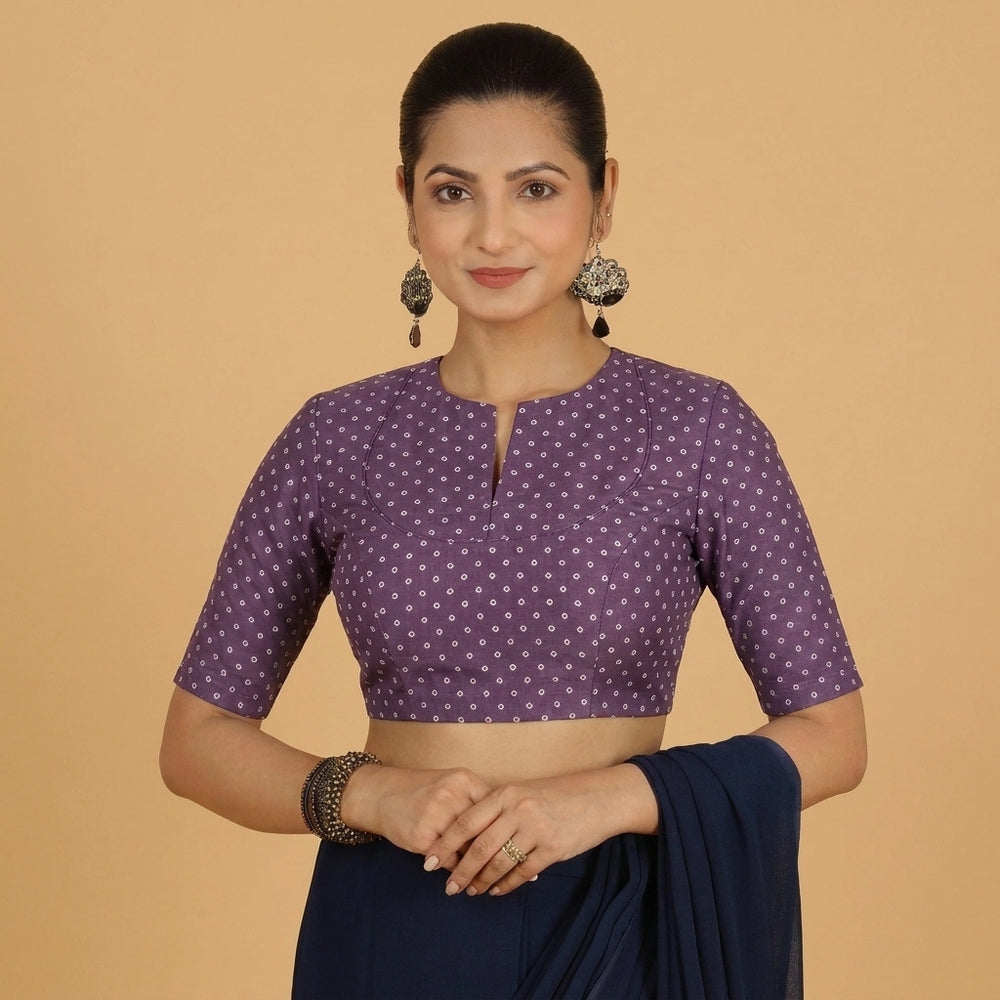 Bindu | Elbow Sleeved Purple Foil Chandheri Saree Blouse
