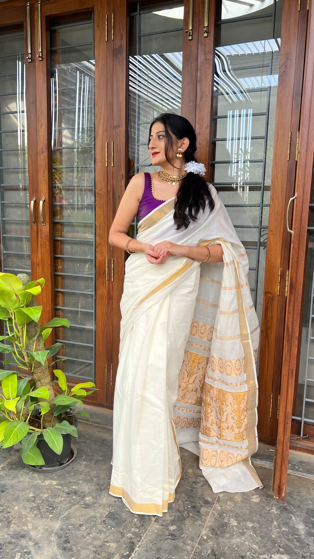 The 6-pc Binks Kasavu Kit with Purple Tanvi Blouse w/ Gota Embellishments - Get Onam-Ready Box Festive Fashion Box.