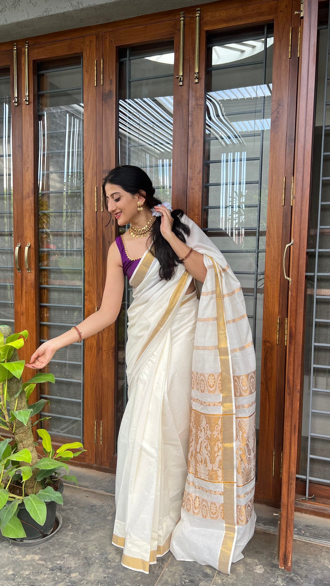 The 6-pc Binks Kasavu Kit with Purple Tanvi Blouse w/ Gota Embellishments - Get Onam-Ready Box Festive Fashion Box (view 2).