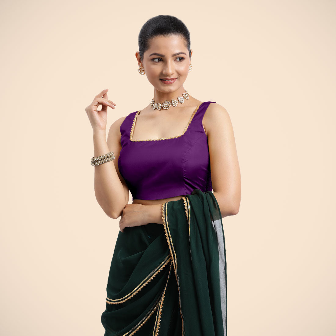 The 6-pc Binks Kasavu Kit with Purple Tanvi Blouse w/ Gota Embellishments - Get Onam-Ready Box Festive Fashion Box (view 3).