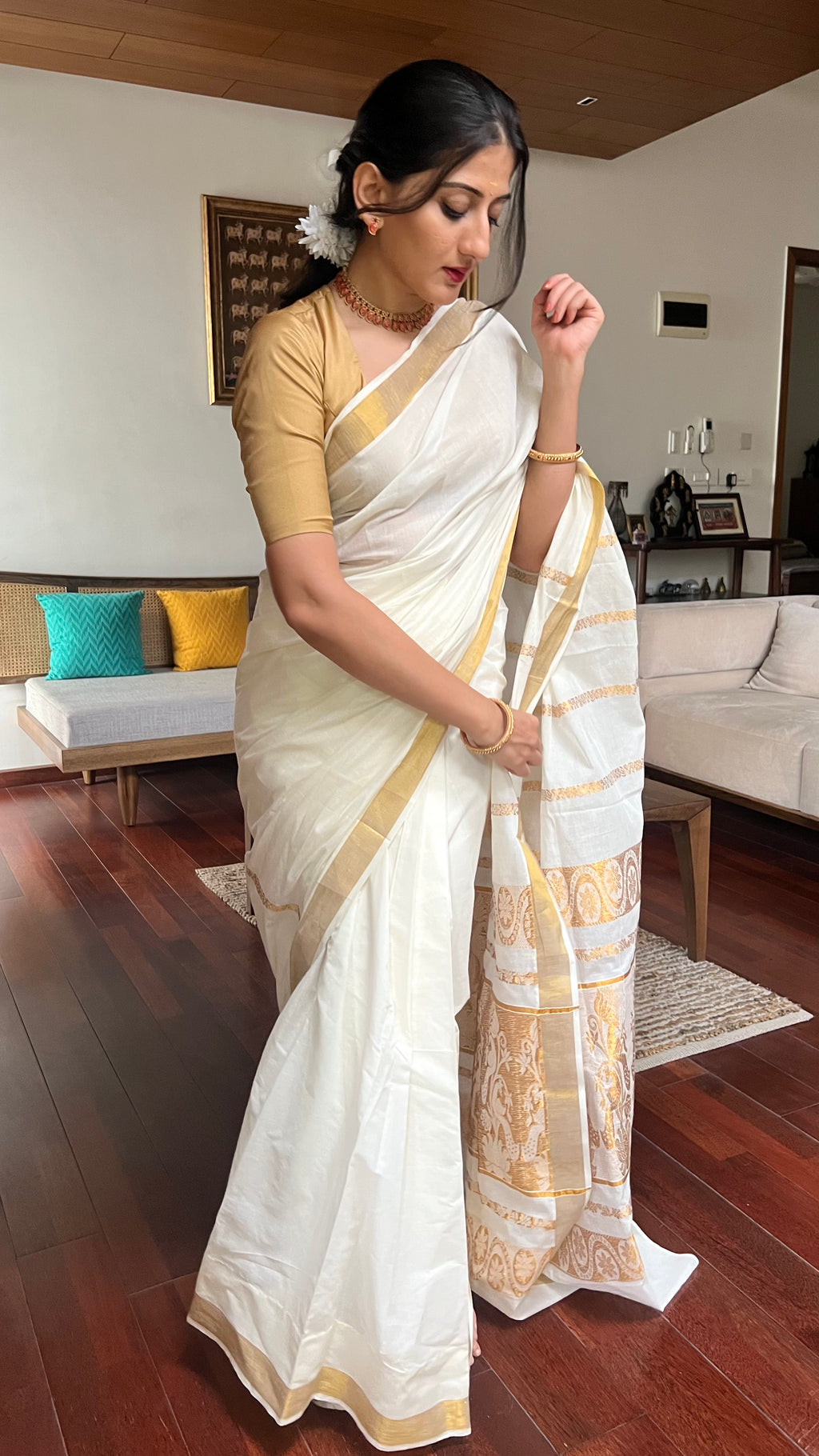 Onam Kasavu Saree Kit with Gold Aziza Saree Blouse and More – Binks