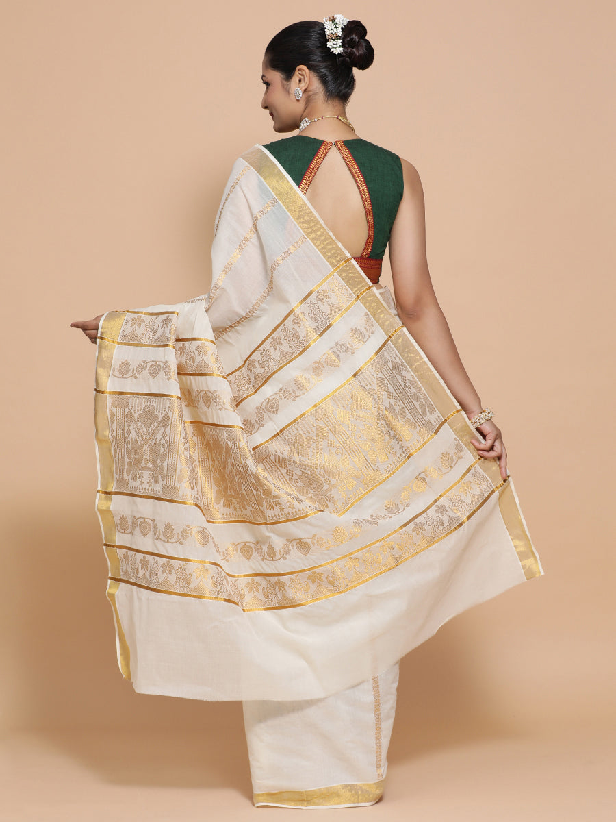 The Binks Kasavu Kit with Bottle Green Varsha Mangalgiri Blouse - Get Onam-Ready Box