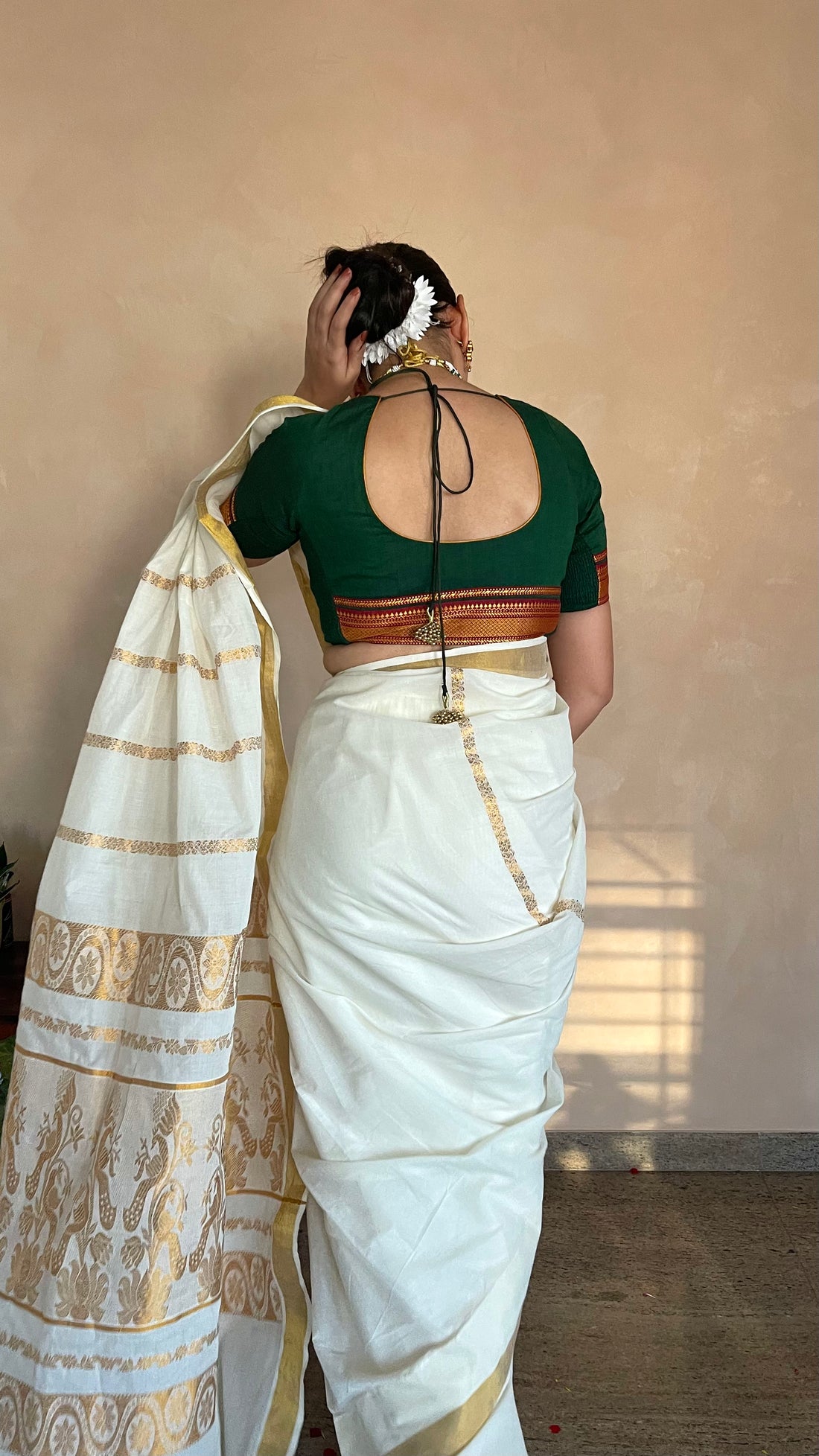 The Binks Kasavu Kit with Bottle Green Revathi Mangalgiri Blouse - Get Onam-Ready Box Festive Fashion Box (view 6).