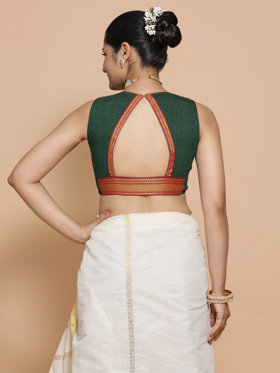 Varsha x Tyohaar Saree Blouse, in Green Cotton, featuring sleeveless, made for party & festive (view 17).
