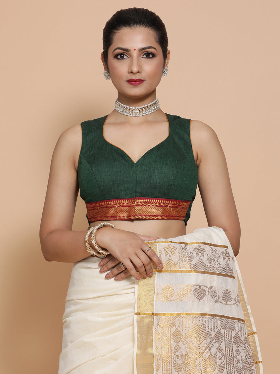 Varsha x Tyohaar Saree Blouse, in Green Cotton, featuring sleeveless, made for party & festive.