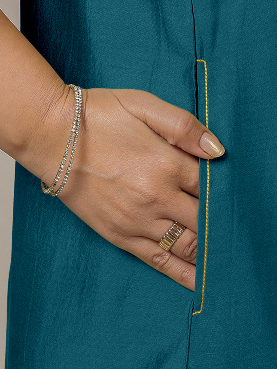 Adah x Rozaana Kurta, in Blue Viscose, featuring sleeveless and jewel neckline, made for daily & work (view 5).