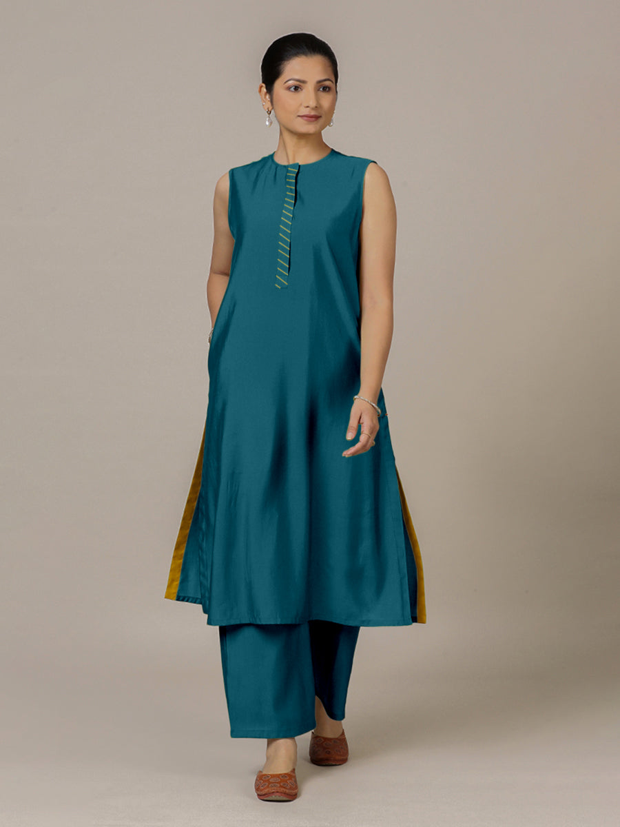 Adah x Rozaana Kurta, in Blue Viscose, featuring sleeveless and jewel neckline, made for daily & work (view 6).