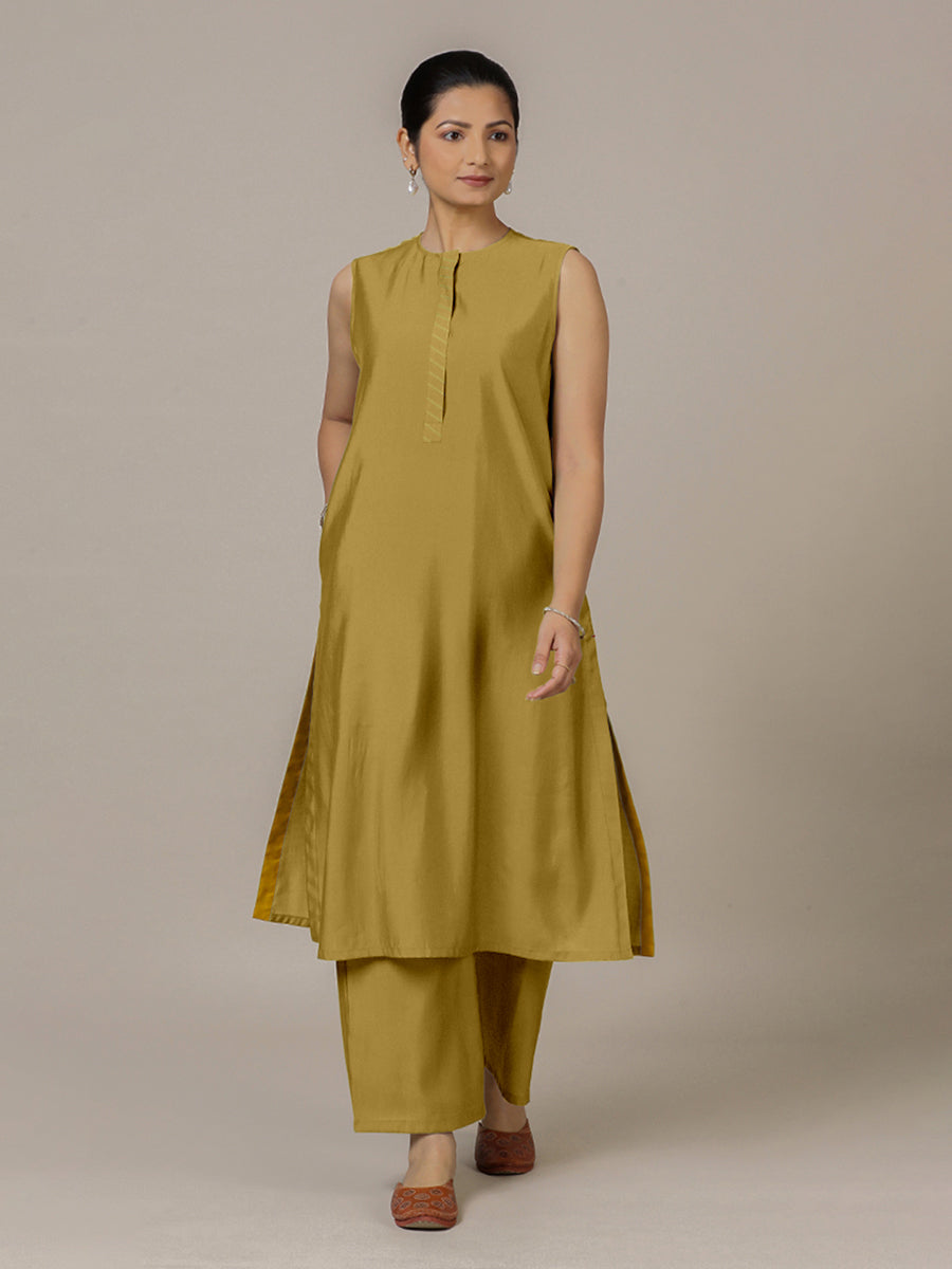Adah x Rozaana Kurta, in Yellow Viscose, featuring sleeveless and jewel neckline, made for daily & work (view 6).