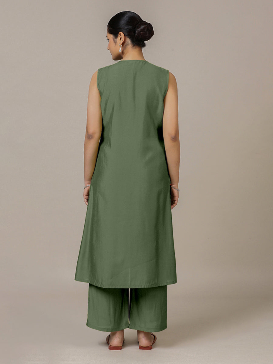 Adah x Rozaana Kurta, in Green Viscose, featuring sleeveless and jewel neckline, made for daily & work (view 2).