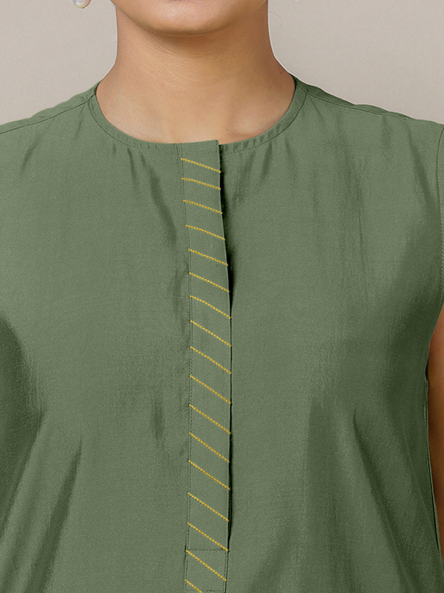 Adah x Rozaana Kurta, in Green Viscose, featuring sleeveless and jewel neckline, made for daily & work (view 3).