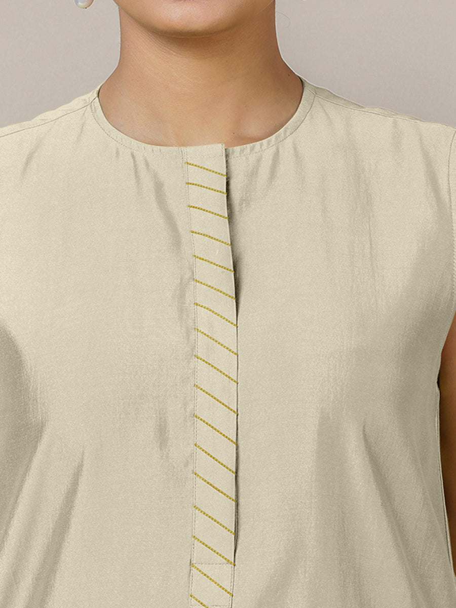Adah x Rozaana Kurta, in Cream Viscose, featuring sleeveless and jewel neckline, made for daily & work (view 3).