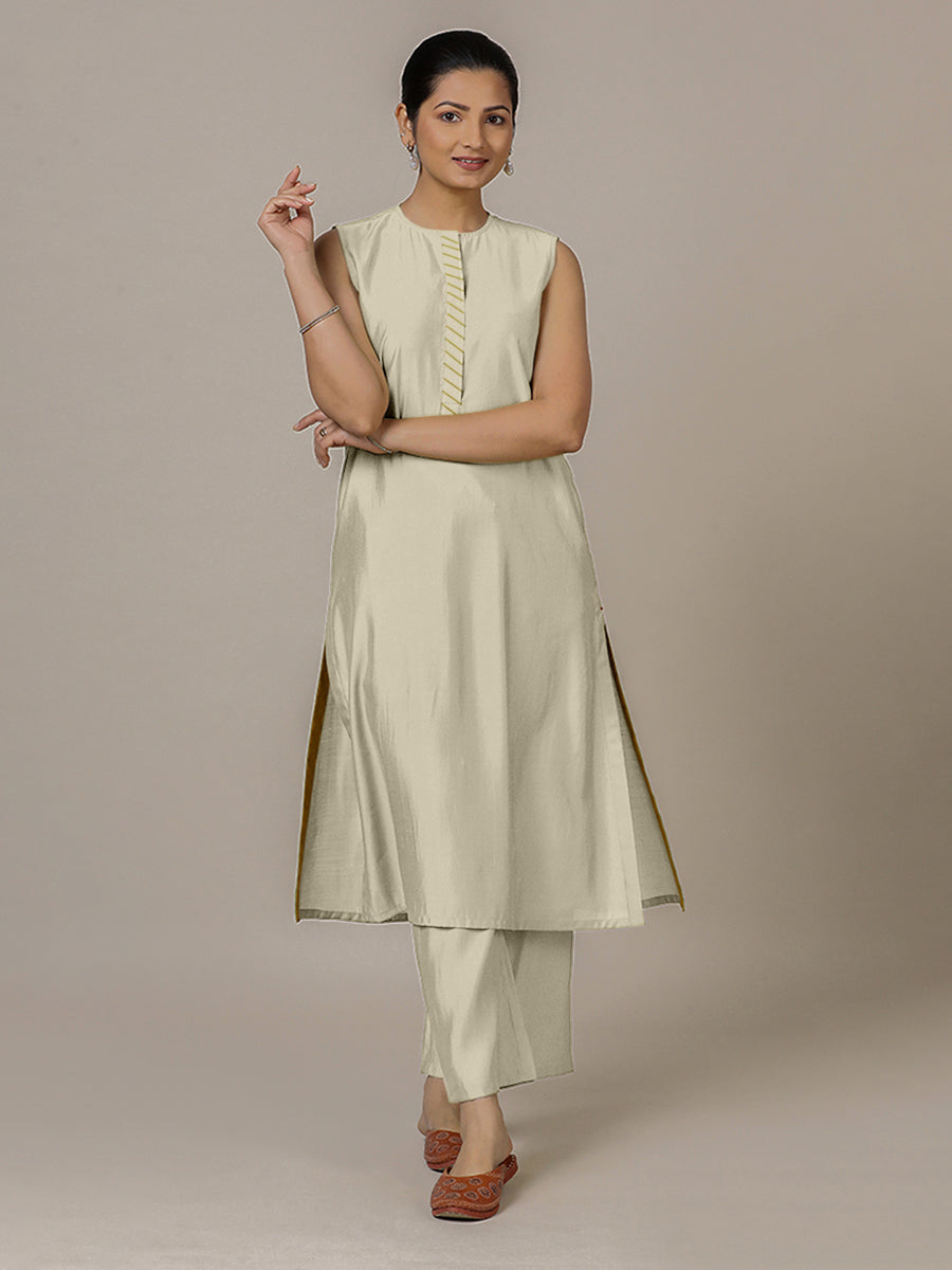 Adah x Rozaana Kurta, in Cream Viscose, featuring sleeveless and jewel neckline, made for daily & work (view 7).
