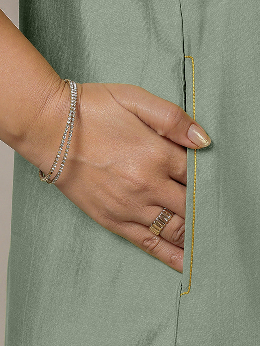 Adah x Rozaana Kurta, in Green Viscose, featuring sleeveless and jewel neckline, made for daily & work (view 5).