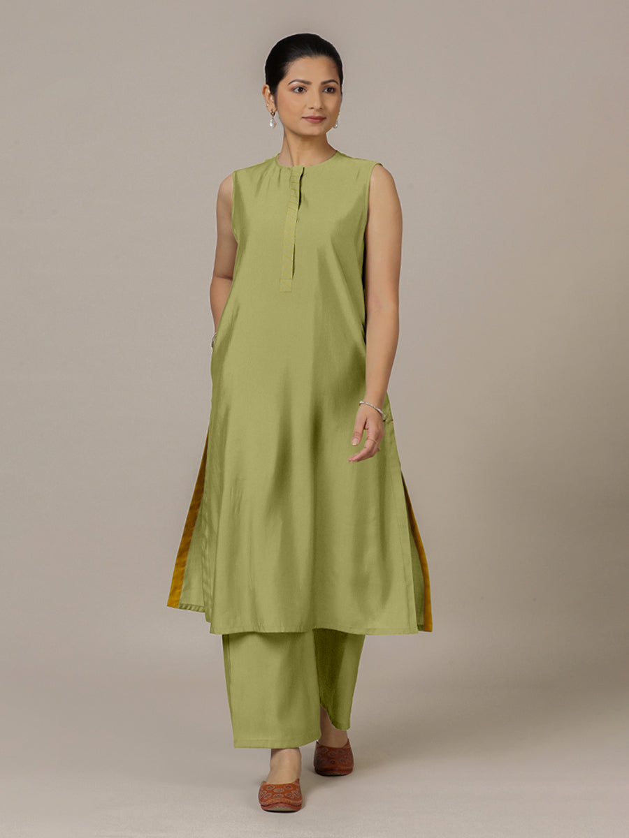 Adah x Rozaana Kurta, in Green Viscose, featuring sleeveless and jewel neckline, made for daily & work (view 6).