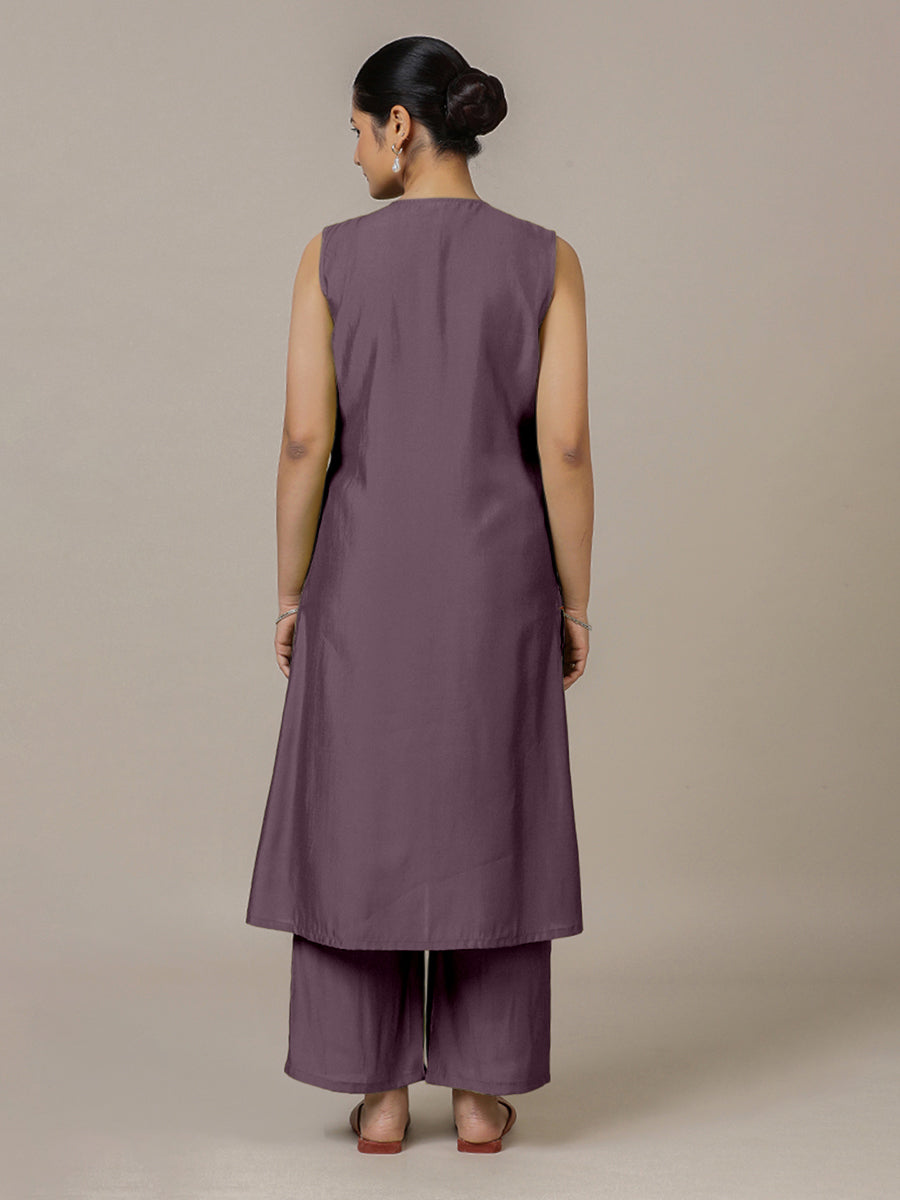 Adah x Rozaana Kurta, in Purple Viscose, featuring sleeveless and jewel neckline, made for daily & work (view 2).