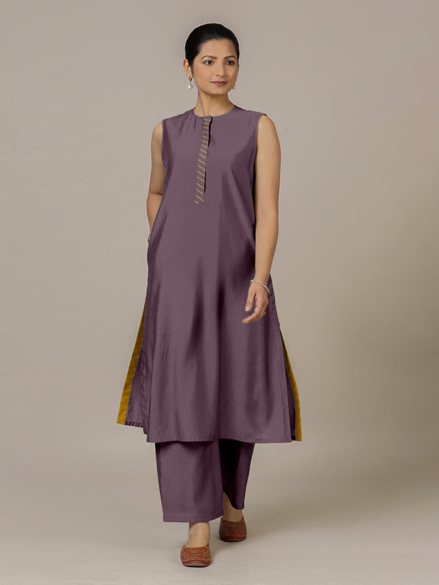 Adah x Rozaana Kurta, in Purple Viscose, featuring sleeveless and jewel neckline, made for daily & work (view 6).