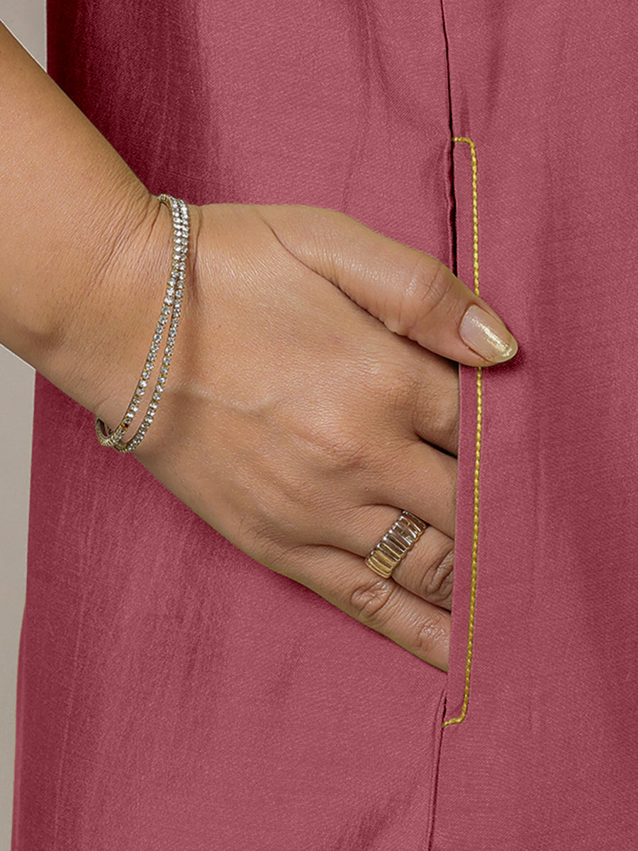 Adah x Rozaana Kurta, in Pink Viscose, featuring sleeveless and jewel neckline, made for daily & work (view 5).
