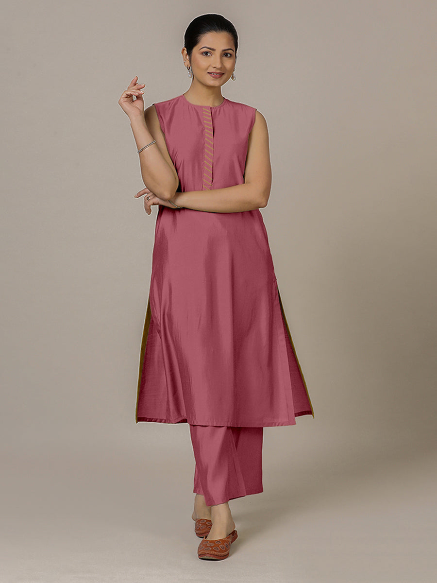 Adah x Rozaana Kurta, in Pink Viscose, featuring sleeveless and jewel neckline, made for daily & work (view 6).