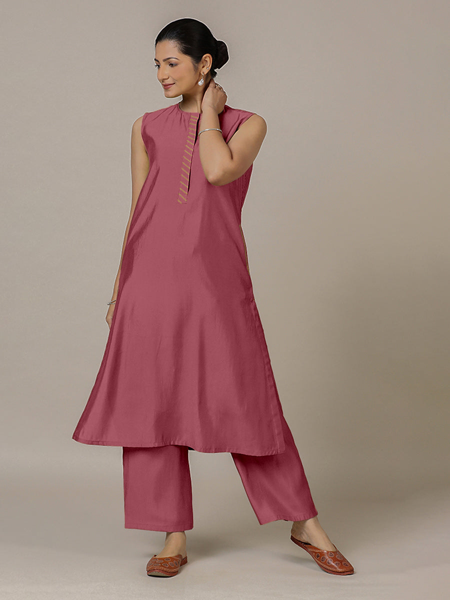 Adah x Rozaana Kurta, in Pink Viscose, featuring sleeveless and jewel neckline, made for daily & work (view 7).