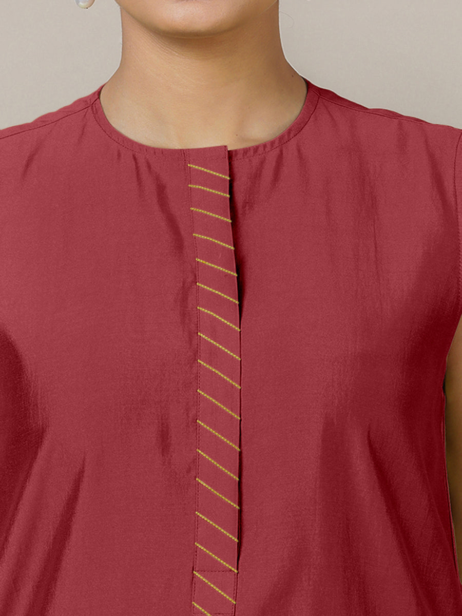 Adah x Rozaana Kurta, in Red Viscose, featuring sleeveless and jewel neckline, made for daily & work (view 3).
