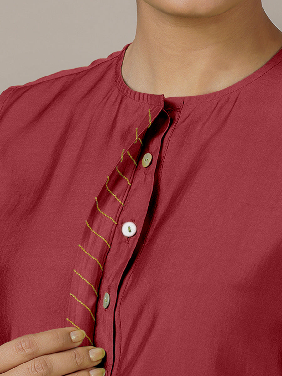 Adah x Rozaana Kurta, in Red Viscose, featuring sleeveless and jewel neckline, made for daily & work (view 4).